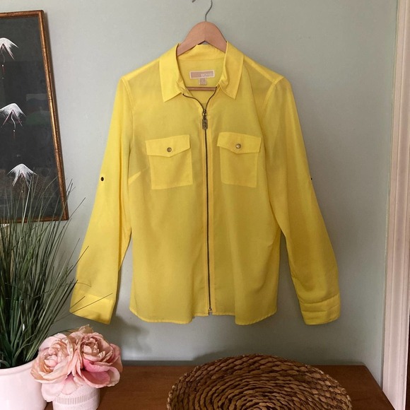 MICHAEL MICHAEL KORS Women's Yellow Full Zip Long Sleeve Collared Blouse | L - Picture 1 of 9